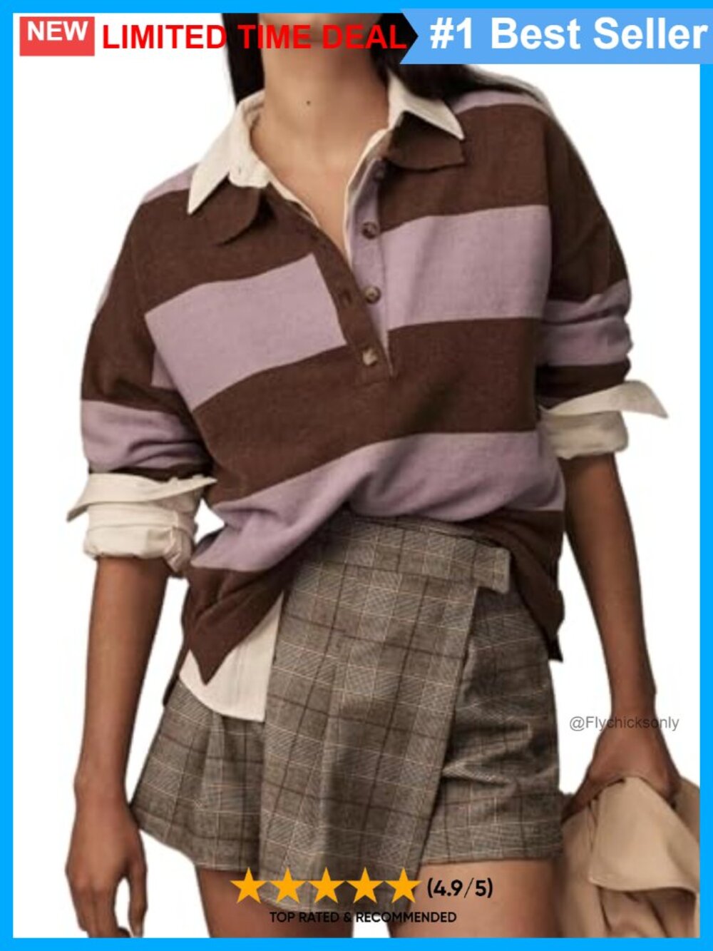 Women's Striped Sweater Rugby Polo Collar Pullover V-Neck Button Front